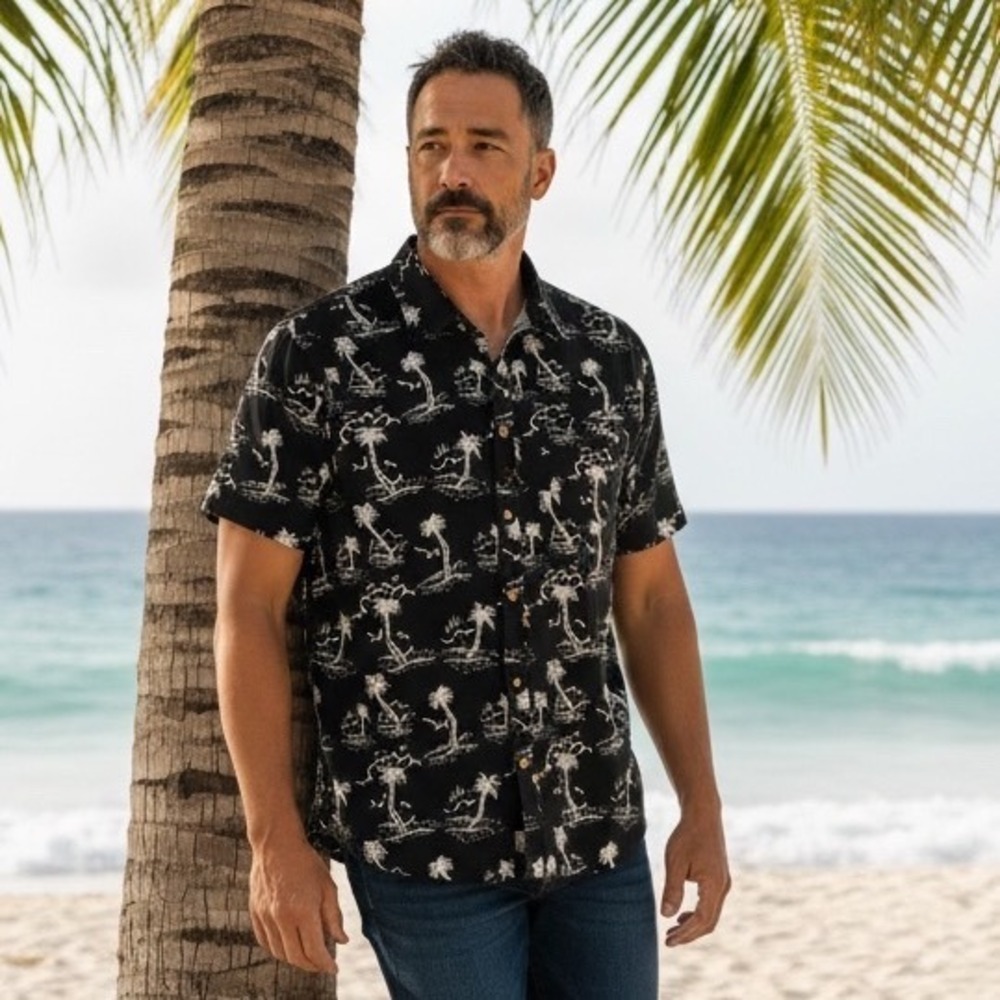Tipsy Elves Mens XL Black White Palm Tree Print Short‎ Sleeve Button Down Shirt